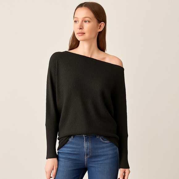 Umgee Tops - Umgee Black Waffle Knit Off Shoulder Long Sleeve Batwing Boho Top Size S